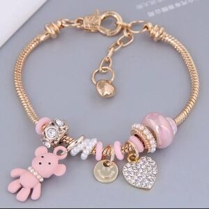 Heart and Teddy Bear Charm Bracelet Pink Zircon Heart Charm